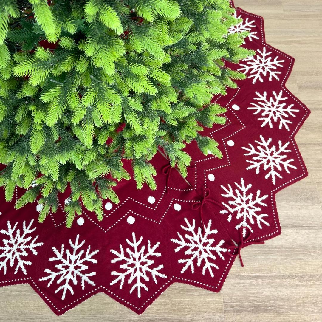 84-Inch Reversible Knit Tree Skirt with Christmas StarInspired Pointed Edge Border and Lace-Up Closures, Machine Washable Thick Acrylic Yarn, Burgundy & White