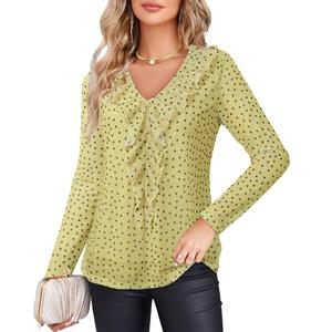 Gaharu Fancy Tops for Women: Yellow L Mesh Chiffon Dress Shirts Loose Fit L - Dressy Elegant Blouses for Work Business Interview - Tunic Tops for Office Lady (Yellow, L)