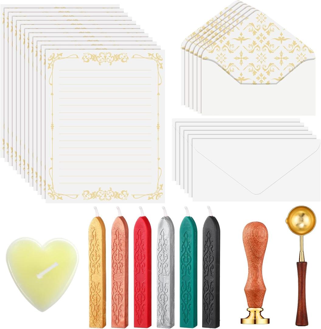 33 Pieces Vintage Paper and Envelopes Set with Wax Kit Including 12 Stationery Papers 12 Envelopes 6 Wax Sticks Candle Spoon and Stamp for DIY Romantic Gift Couples Letters 33 Pieces Vintage Paper and Envelopes Set with Wax Kit Including 12 Stationery Papers 12 Envelopes 6 Wax Sticks Candle Spoon and Stamp for DIY Romantic Gift Couples Letters