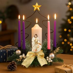 6 Pcs Christmas Advent Wreath Candle Holder Set Nativity Advent Candlestick with 1 Pillar 4 Taper Candle Holy Family Statue Candlestick for Christmas Church Table Centerpiece Decor