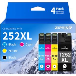 ZIPRINT 252XL Ink Cartridges Combo Pack Remanufactured Replacement for Epson 252 Ink Cartridges for WorkForce WF-3620 WF-3640 WF-7110 WF-7610 WF-7620 WF-7710 WF-7720, Black Cyan Magenta Yellow, 4-Pack