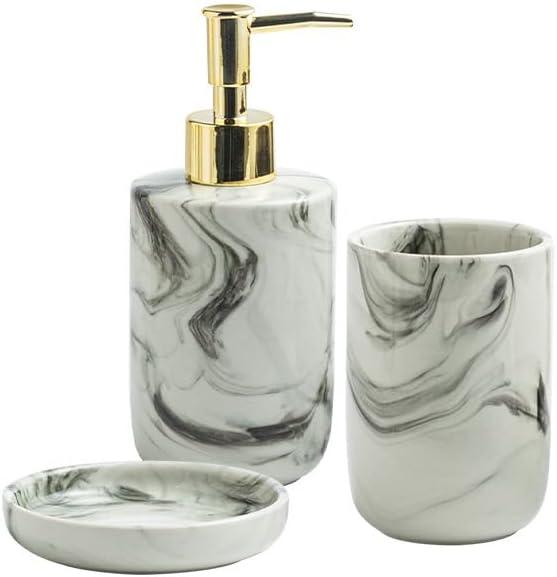 Comeon Ceramic Bathroom Accessory Set, 3 Pcs Marble Design Bathroom Vanity Countertop Accessories Set with Soap Dispenser, Tumbler Cup, Soap Dish for Modern Bathroom Home Decor (3 Piece Set-Round)