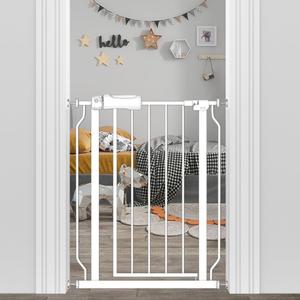 Narrow Baby Gate 24 to 29 Inch Wide Pet Gate Pressure Mounted No Drill Safety Gate Walk Through Metal Child Gate for Kids Stairs or Pets Indoor White (24.02"-29.13"/61-74cm)