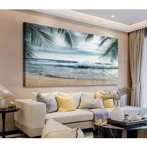 Tropical Beach Canvas Wall Art - Ocean Waves Pictures Coastal Oceanic Blue Sky and Sea Print Seaside Palm Tree Leaves Scene Painting Artwork Living Room Bedroom Office Home Decor 20" x 40"
