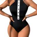 SweatyRocks Women's Lapel Button Down Shirt Sleeveless Body Suits Halter Backless Tank Bodysuit (Black) S