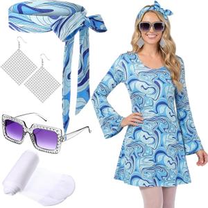 Janmercy 5 Pcs 70s Disco Outfit for Women Hippie Costumes Accessories 70s 80s Halloween Decades Party Cosplay, M