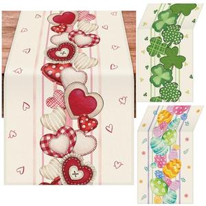 Windkream 3 Pcs Farmhouse Holiday Table Runner Set Heart Valentines Day Shamrocks St. Patrick's Day Easter Egg Table Runner for Home Dining Room Kitchen Decor, 13x72 Inch(Classic)