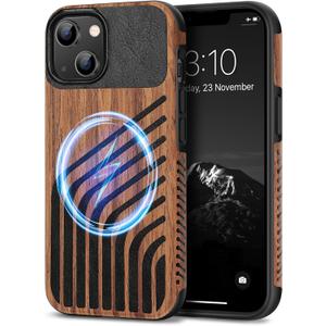 TENDLIN Compatible with iPhone 13 Case Wood Grain with Carbon Fiber Texture Design Leather Hybrid Slim Case (Compatible with MagSafe) Hairline