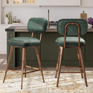 26 Swivel Bar Stools Set of 2, Mid Century PU Leather Counter Height Bar Chairs with Low Back and Metal Legs, Modern Bar Stool Chair for Kitchen Island, Green
