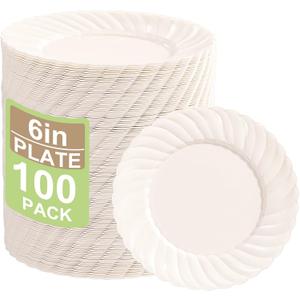 U-QE 100 Count 6 Inch Ivory Plastic Plates - Scalloped Dessert Plates Disposable - Premium Fancy Disposable Heavy Duty Party Supplies for Party, Celebrations, Weddings and Events