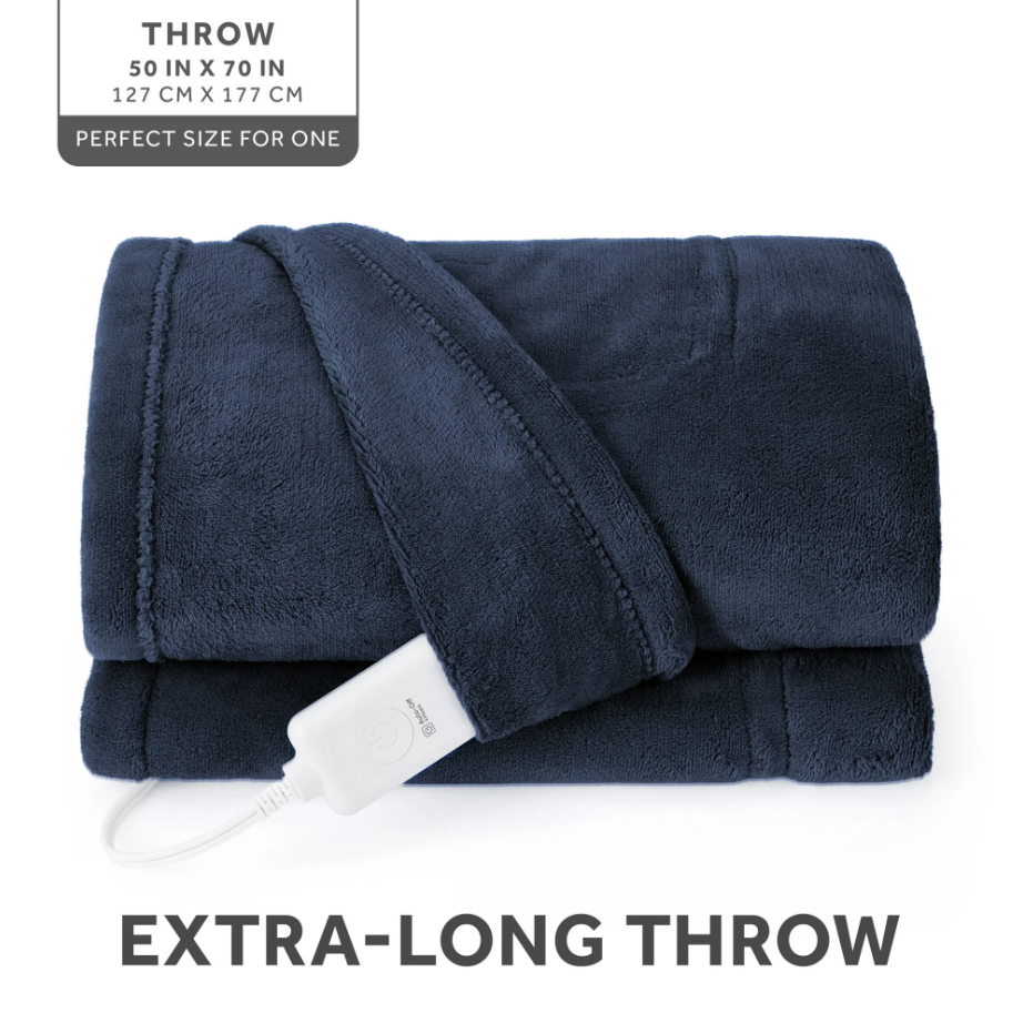 Sunbeam Electric Heated Throw Blanket Navy Blue Microplush 4 Heat Settings, 50x70
