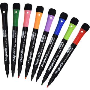 Magnetic Dry Erase Markers, (8 Pack) Dealkits Low Odor White Board Markers Whiteboard Markers with Erasers for Kids Teacher Supplies for Classroom Work on White Board, Calender, Fine Tip Point (Multicolored)