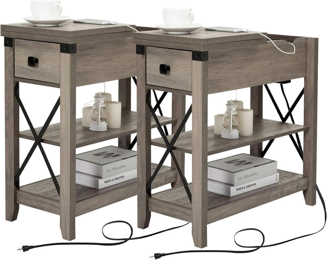 Narrow End Table with Charging Station - Farmhouse Slim Side Table Set of 2, w/USB Ports Power Outlets, Nightstand w/Flip Top Storage Drawer, for Small Spaces Living Room Bedroom, Gray (Grey)