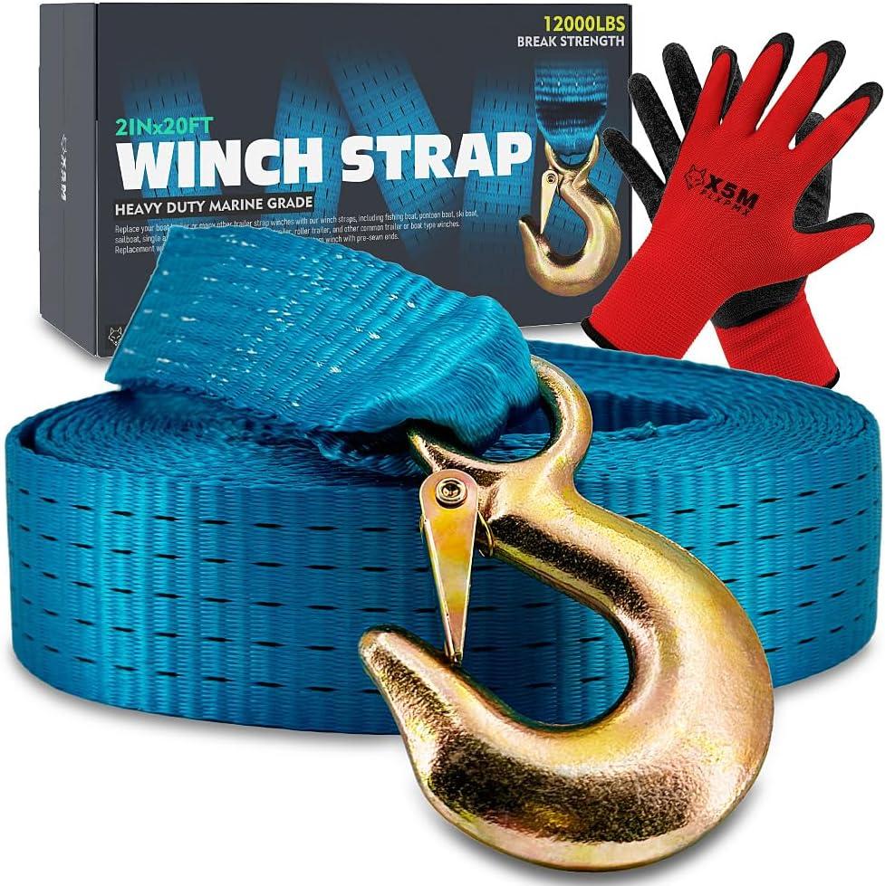 Heavy-Duty Marine-Grade Boat Trailer Winch Strap Kit (2" x 20', 12,000 lbs Break Strength) for PWC, Pontoons & Fishing Boats – Includes Forged Hook & Work Gloves, Blue