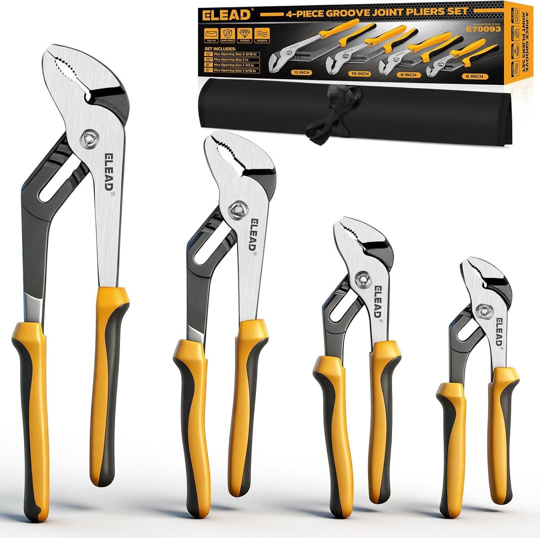 ELEAD 4-Piece Groove Joint Pliers Set, 12/10/8/6 Inch Adjustable Water Pump Pliers with Tool Roll Bag, Tongue and Groove for Home Repair, Gripping, Nuts, Bolts, Pipe & Fittings