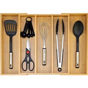 Expandable Silverware Drawer Organizer Storage Large Bamboo Kitchen Tool Utensil Organizers Divider Cutlery Tray Adjustable Flatware Drawer Organizer for Spoon Spatula Cooking Utensils Holder Tray ((12.6"-21")x 15.7")