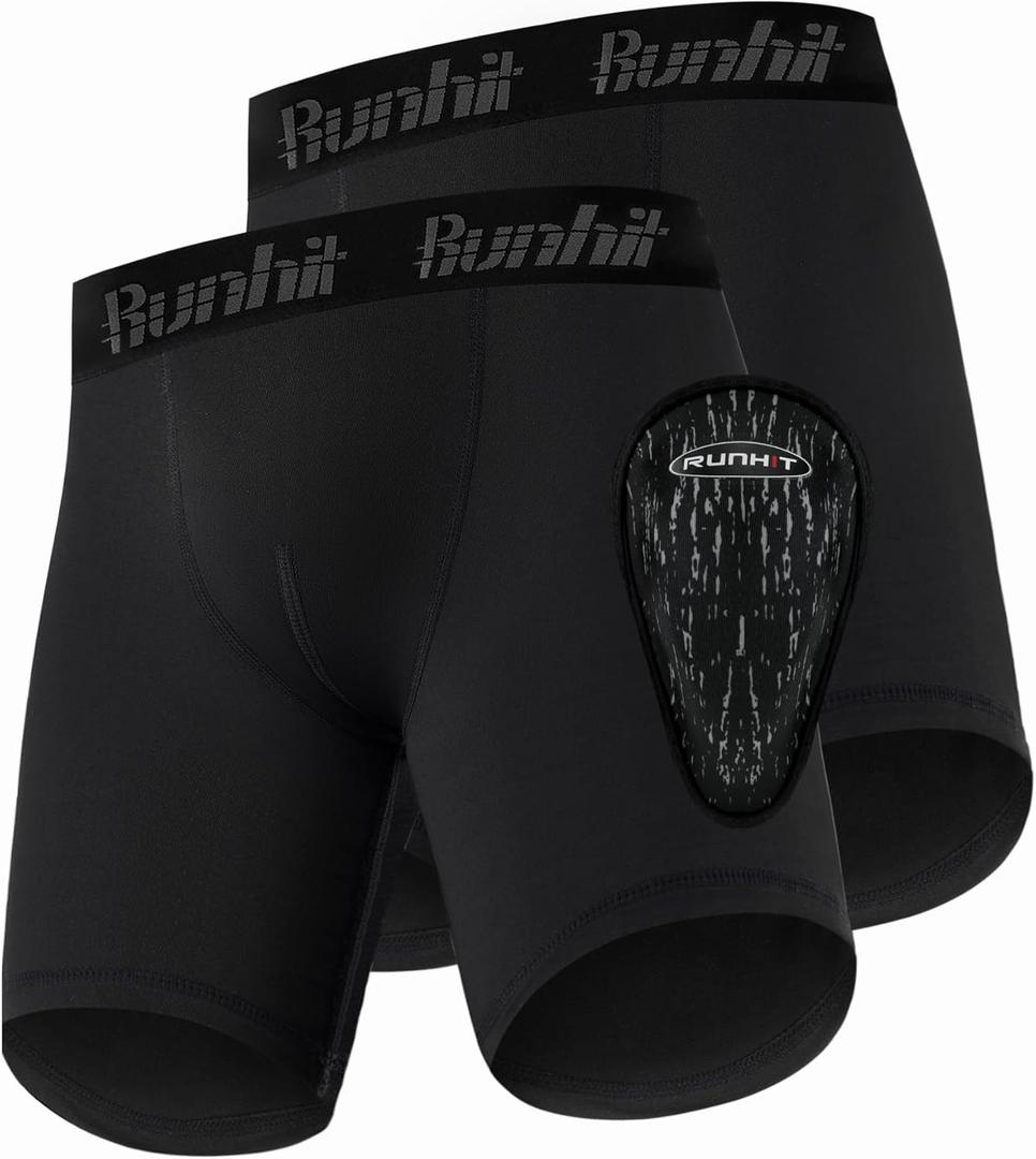 Runhit Boys Cup Underwear for Baseball Football, Youth Compression Shorts with Soft Protective Athletic Cup Boxer Brief (2 Pack Black)