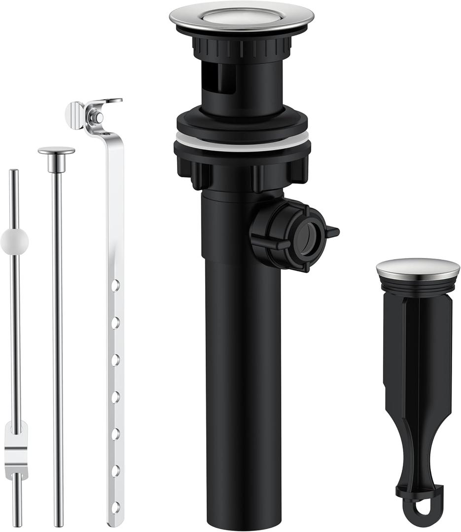 KENES Bathroom Sink Drain Stopper Assembly with Lift Rod, Brushed Nickel Sink Drain with Overflow, Lavatory Pop Up Drain Assembly for Bathroom Vanity Sink, LJ-P701