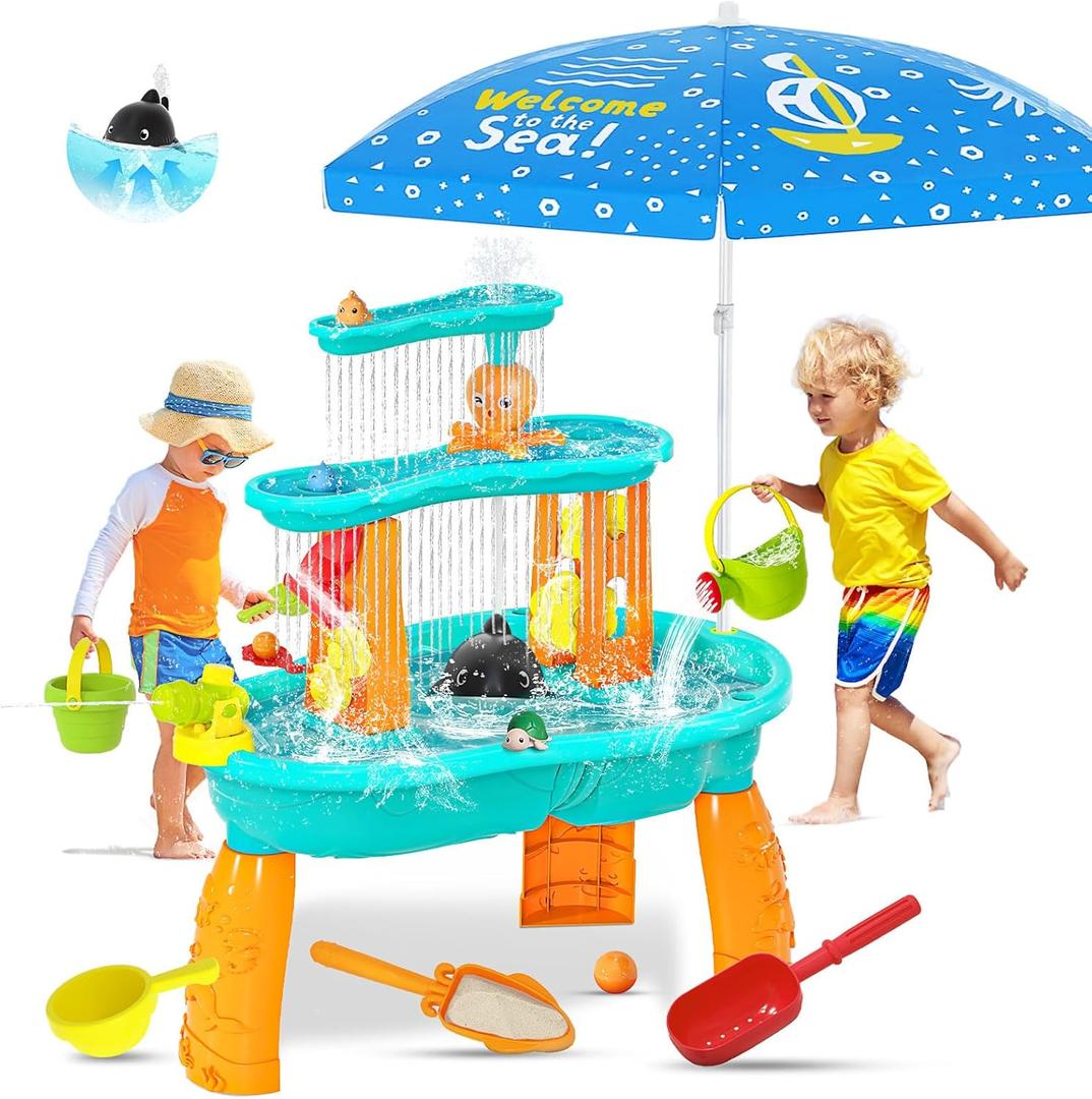 Handwell Toddler Water Table, Auto Water-Absorbing 3-Tier Kids Water and Sand Activity Table with Umbrella & 20PCS Water Toy Accessories, Outdoor Water Play Toys Sensory Playset Summer Gift for Age 3+