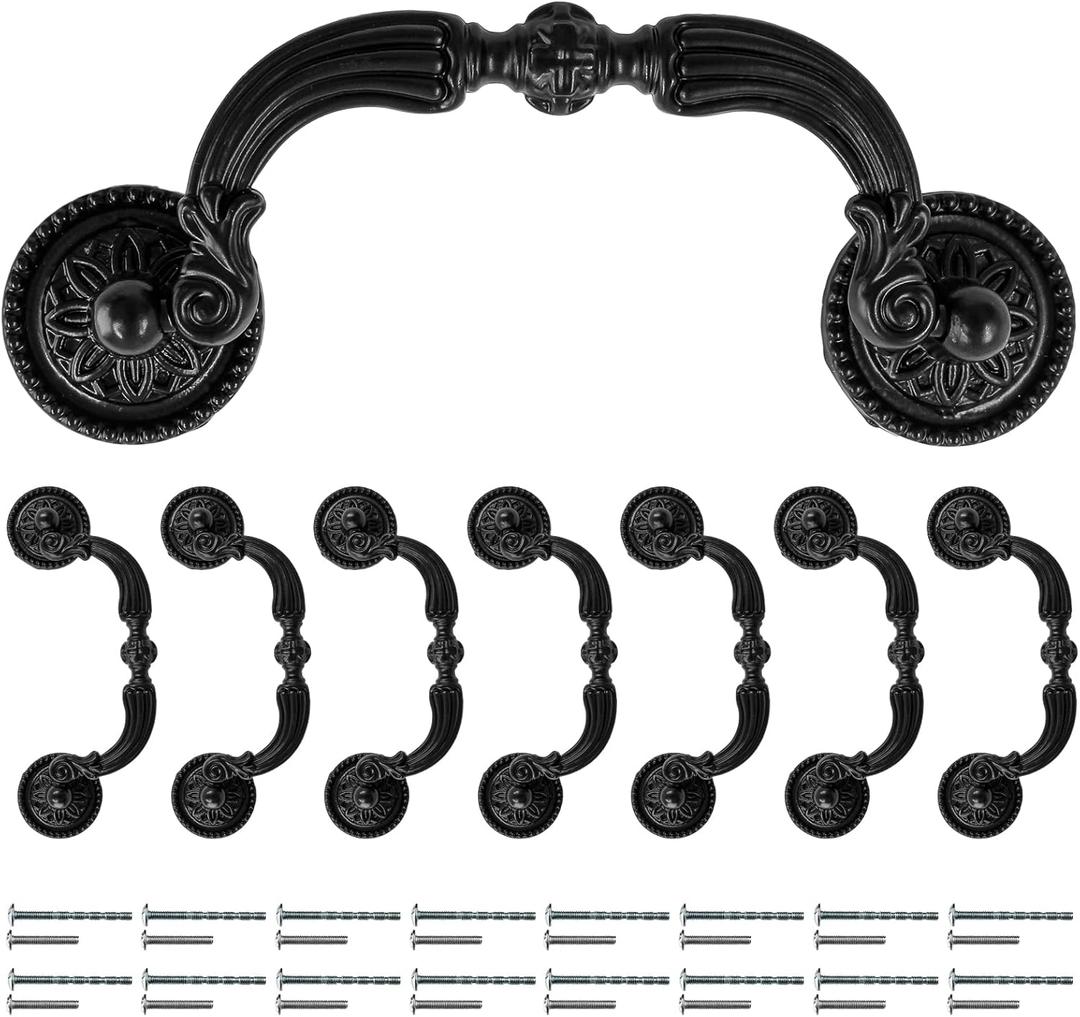 8 Pack Bail Pull Handles, 3.5 Inch Hole Center Antique Drop Drawer Pull Swing Cabinet Dresser Handles, Antique Black(Total Length: 4.72 inch)