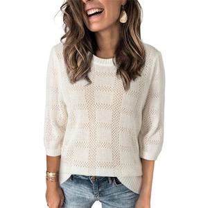 Dokotoo Women's Casual Short Sleeve Loose Tunic Tops Lightweight Crochet Knit Summer Sweaters Blouses (White, M)