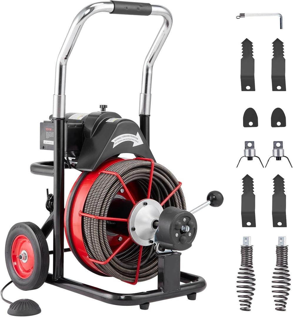 VEVOR Drain Cleaner Machine 100FT x 1/2 Inch, Auto Feed Sewer Snake Auger on Wheels, 550W Portable Drain Cleaning Machine with 8 Cutters & Air-activated Foot Switch for 2" to 4" Pipes