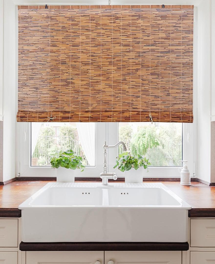 Forever Bamboo Light-Filtering Cord-Free Bamboo Reed Roll-Up Blind Shades for Windows Manual Roman Blinds Coffee 60 in W x 72 in H