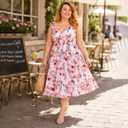 Miss Lavish London Plus Size Fit and Flare Dress for Women, Sleeveless V Neck Wrap Style Midi Dress with Belt (Pink)