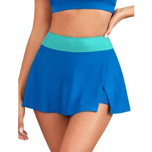 ZAFUL Women Swim Skirt with Built-in Shorts Tummy Control Skirted Swimsuit Bottom Split High Waisted Swim Skort (Blue, M)