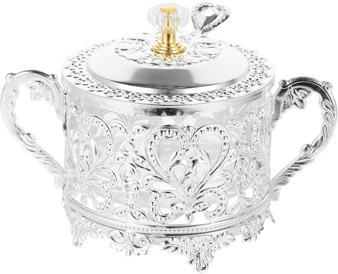 Sugar Bowl: 1Pc Turkish Sugar Bowl with Lid and Spoon Condiment Pots Seasoning Box Silver Embossed Glass Candy Jar Coffee Bar Accessories