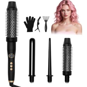 3 in 1 Curling Iron Set, Heated Round Brush for Straightening Curling Detangling, Ceramic Curling Wand for Versatile Styling, Dual Voltage Curling Iron Travel Friendly (Black)