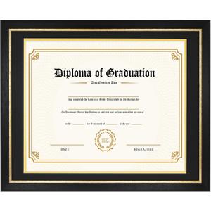 14x17 Diploma Frame with Black over Gold Mat, 16x20 Certificate Frame, Real Wood with Gold Trim, Black with Tempered Glass