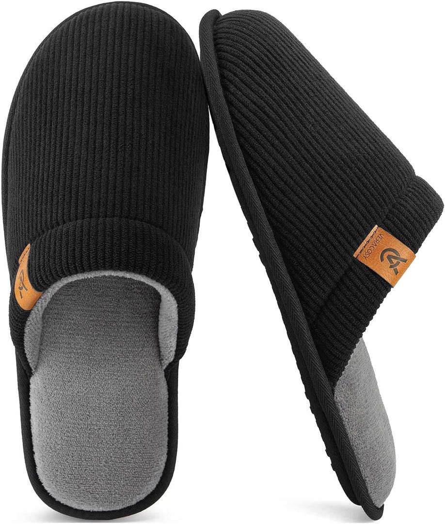 VeraCosy Men's Corduroy Scuff Slippers Soft Comfy Memory Foam Non-slip Indoor House Shoes (Gray, L)