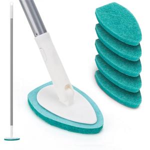 Shower Scrubber with Long Handle, 47'' Bathtub Scrub Brush, Bathroom Tub and Tile Cleaning Tool with 6 Refill Pads