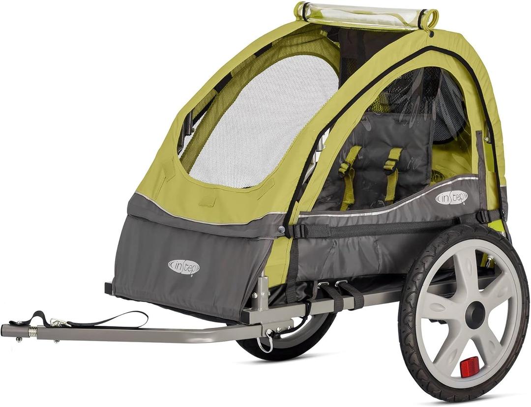 Take 2 or Sync Kids Bike Trailer, Single or Double Seat, Universal Coupler, Folding Frame, Quick-Release Wheels, Canopy with Bug Screen and Weather Shield, Bike Trailer for Kids (Green/Grey)