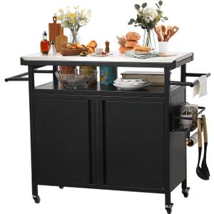 Nexaio XL Rolling Bar Grill Cart Outdoor Patio Furniture, Outdoor Grill Table with Stainless Steel Top for Kitchen Prep and Outdoor Storage Cabinet for Grilling Accessories, Black