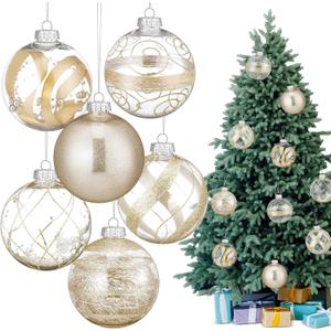 6 Pcs 4 Inch Large Christmas Ball Ornaments Clear Plastic Christmas Ball Ornament Set with Stuffed Delicate Xmas Balls Baubles Set for Xmas Tree Home Decoration Supplies (Champagne)
