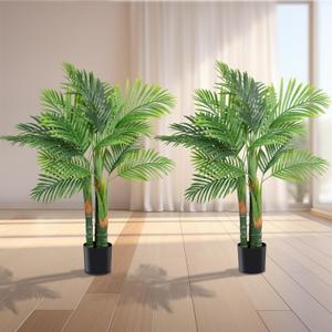 4FT Artificial Golden Cane Palm Tree 2Pack 15Leaves Faux Triple Tropical Palm Plants with Pot for Gift Home Office Decor Green