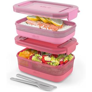 Ello 2-Pack Lunch Stack Plastic Food Storage Container Bento Box with Airtight, Leak-Proof Locking Plastic Lids and Silicone Base, BPA-Free, Freezer, Microwave, and Dishwasher Safe (2 & 3 Cup,)