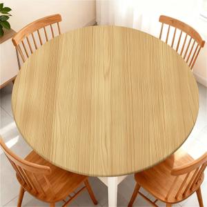 Elastic Tablecloth for Round Tables, Waterproof Tablecover for Up to 32"-36" Round Table, Dining Tablecover for Indoor and Outdoor, Holiday, Light Brown Wood