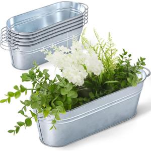 Sabary 6 Pcs Small Galvanized Oval Planters Tub Galvanized Buckets with Handle Oval Metal Pail Flower Pot Rustic Farmhouse Home Decor for Outdoor Party Wedding (11.42 x 3.94 x 2.99 Inch)