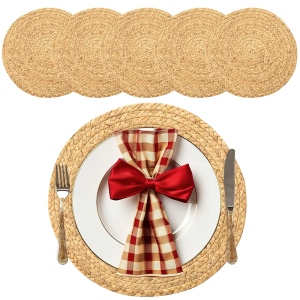 Hifybaty 14'' Round Woven Placemats Set of 10 - Natural Extra Wide Placemats Braided Heat Resistant Placemats Farmhouse Boho Fringe Place Mats Wipeable Circle Wicker Placemats, Nature