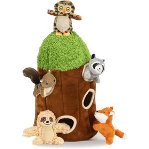 Hide and Seek Dog Puzzle Puppy Toys, Interactive Squeaky Plush, Stuffed Toys for Dogs (Sheep, Panda, Forest Animals) (Tree Hole Mix Large)