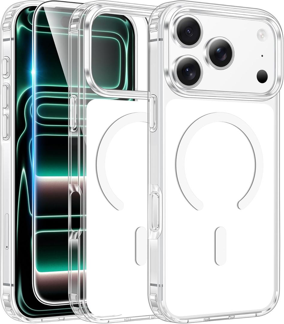 FNTCASE for iPhone 17 Pro Case: Clear Magnetic Phone Cases with Screen Protector Compatible with Magsafe Slim Anti Yellowing Rugged Shockproof Protective Transparent Cell Phone Cover (White)