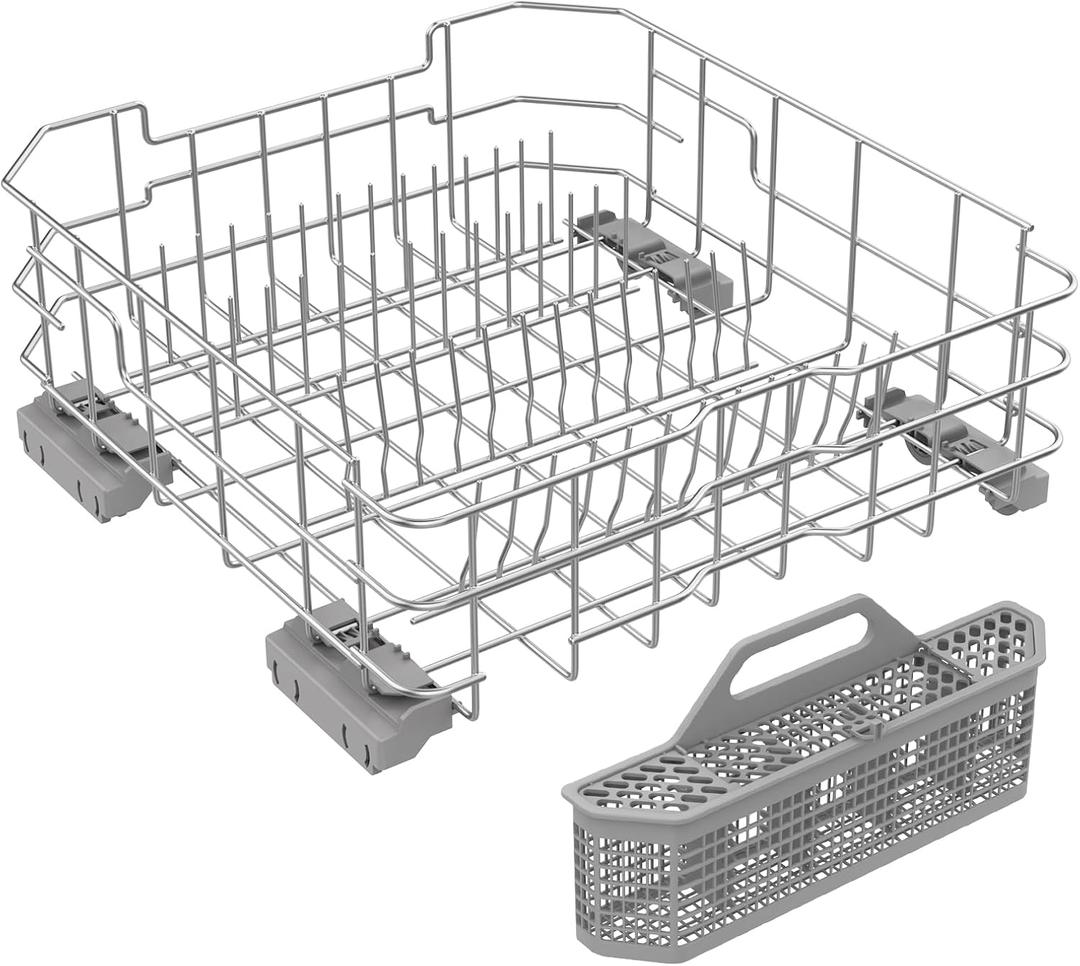 UPGRADED WD28X26099 Dishwasher Lower Rack Compatible with GE Dishwasher Rack Replacement Parts with Wheel, WD28X26099 WD28X34744 304 Stainless Steel GE Dishwasher Lower Rack Part and Silverware Basket