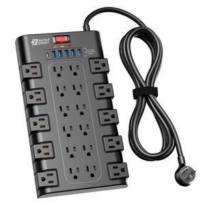 10Ft Power Strip Surge Protector, SUPERDANNY Charging Station 22 Outlets with 45W Type-C Fast Charging USB Ports, 4 USB-A, 2 USB-C, 2100J, 15A/1875W, Flat Plug Extension Cord for Home Office Black