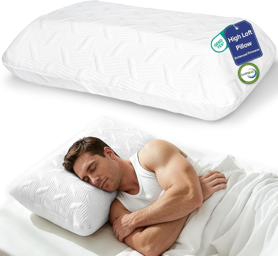7" High Loft Memory Foam Pillow for Side Sleepers, Extra Thick Firm Pillow for Broad Shoulders & Large Frames, Designed to Stay Elevated, High Profile Pillow with Breathable Washable Cover