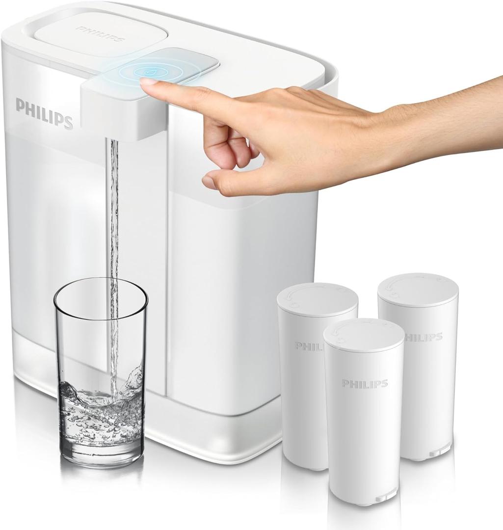 PHILIPS Water Filter Pitcher, GoZero Next-gen Instant Water Purifier Filter Dispenser with Rechargeable Battery Mirco-X Clean Tech, Reduce Chlorine Lead Copper for Fridge Door 12Cup 3Filter for 9month
