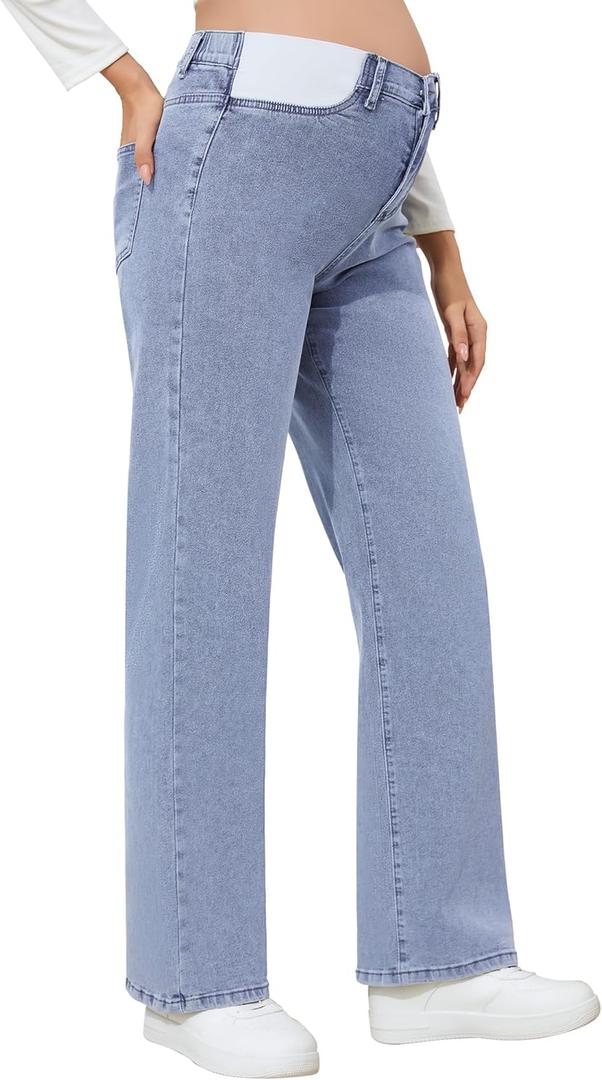 FABRACK Women's Maternity Jeans Mid-Rise Wide Leg Jeans Expandable Waist Straight Denim Pants for Pregnancy and Postpartum (XX-Large, Light Blue)