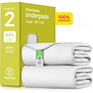 IMPROVIA Washable Underpads, Heavy Absorbency Reusable Incontinence Pads for Kids, Adults, Elderly, and Pets - Waterproof Protection Floor (White & White, 2 Pack - 34"x52")